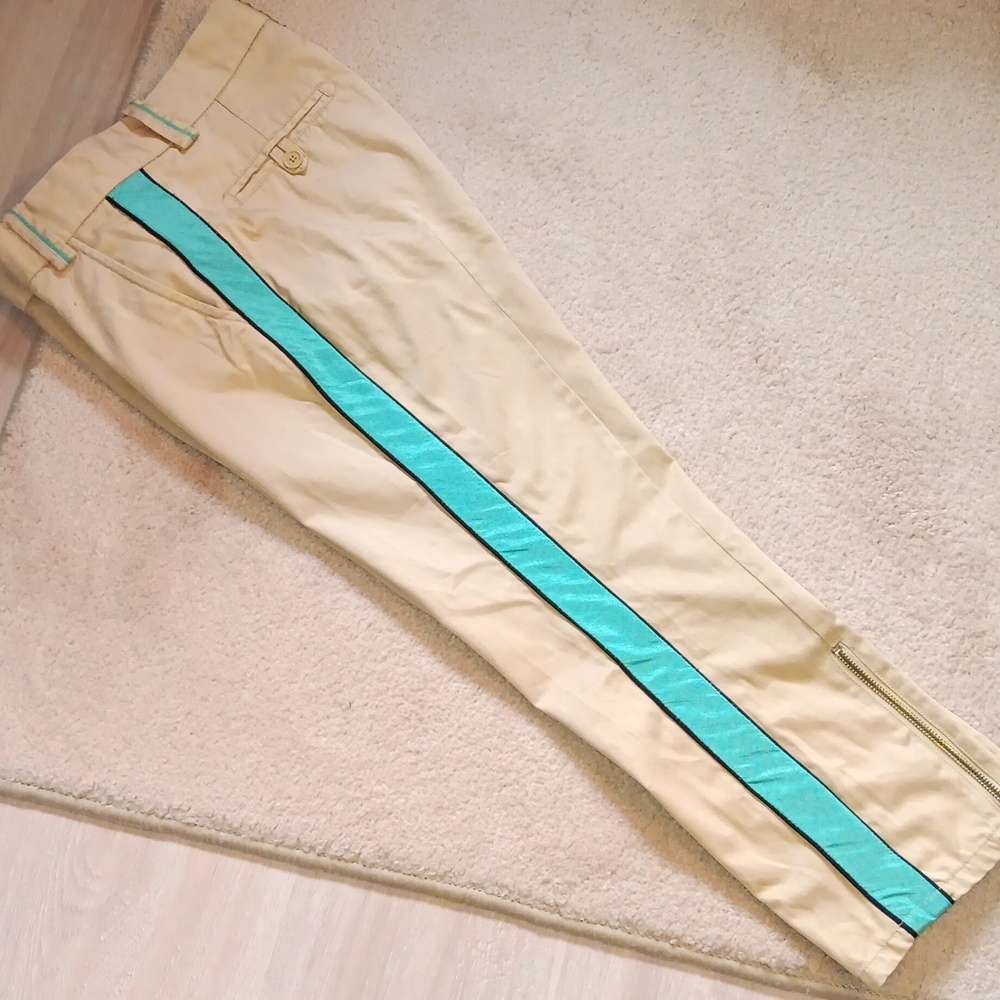 Marc Jacobs tan pants with blue side stripe
